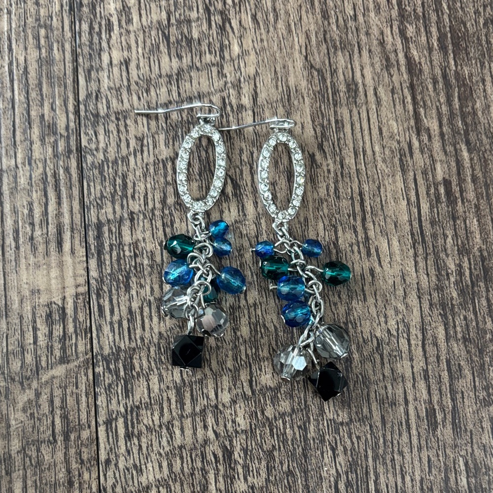 Silver Drop Earrings with Blue and Green Crystal Dangles